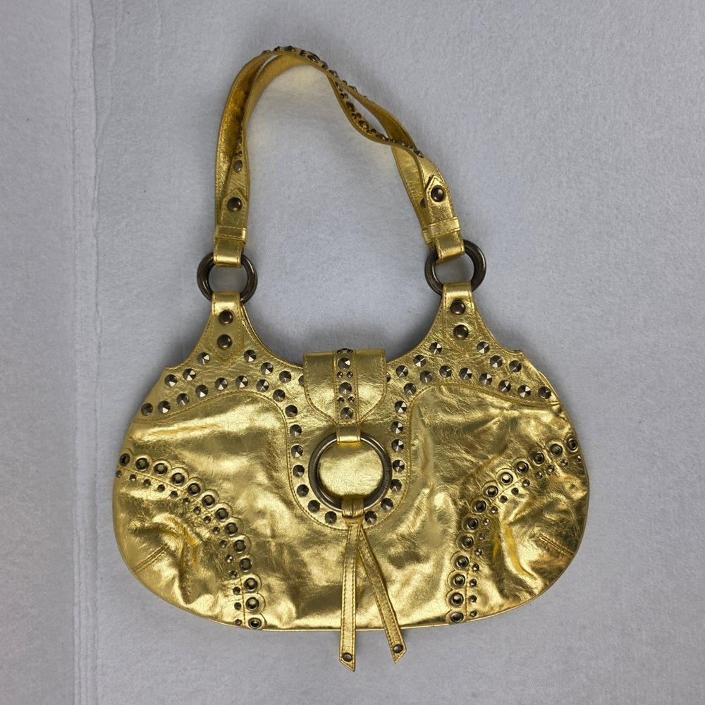 Isabella Fiore Gold Metallic Studded Leather Shoulder Handbag Ring Accent Purse